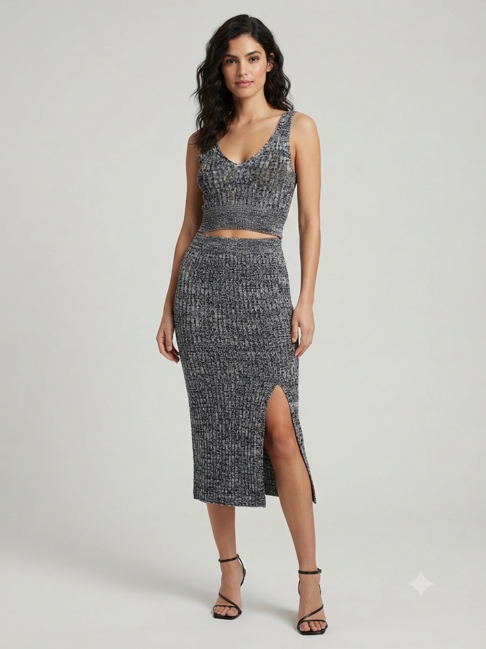 NWT Y2K Black White Knit Crop Top & Midi Skirt Slit Set A8-062